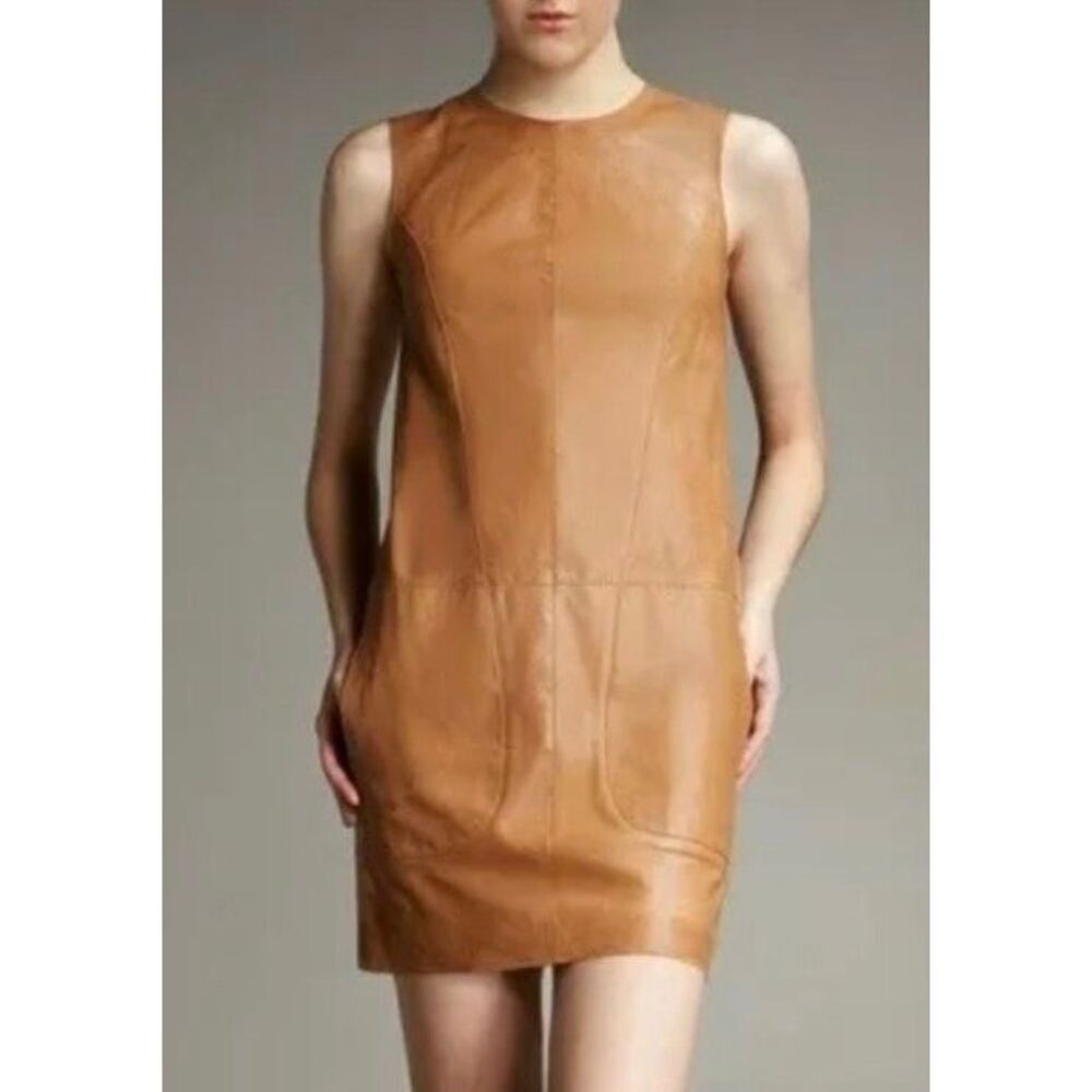 Vince Brown Lambskin Leather Sleeveless Shift Mini Dress sz 2